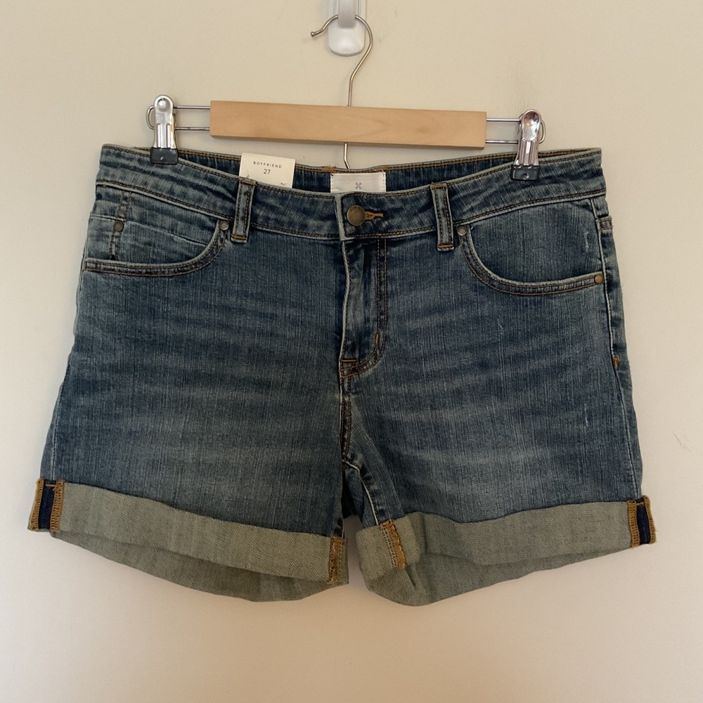 Caslon Womens Rolled Hem Blue Medium Wash Boyfriend Shorts 27 Preppy Distressed